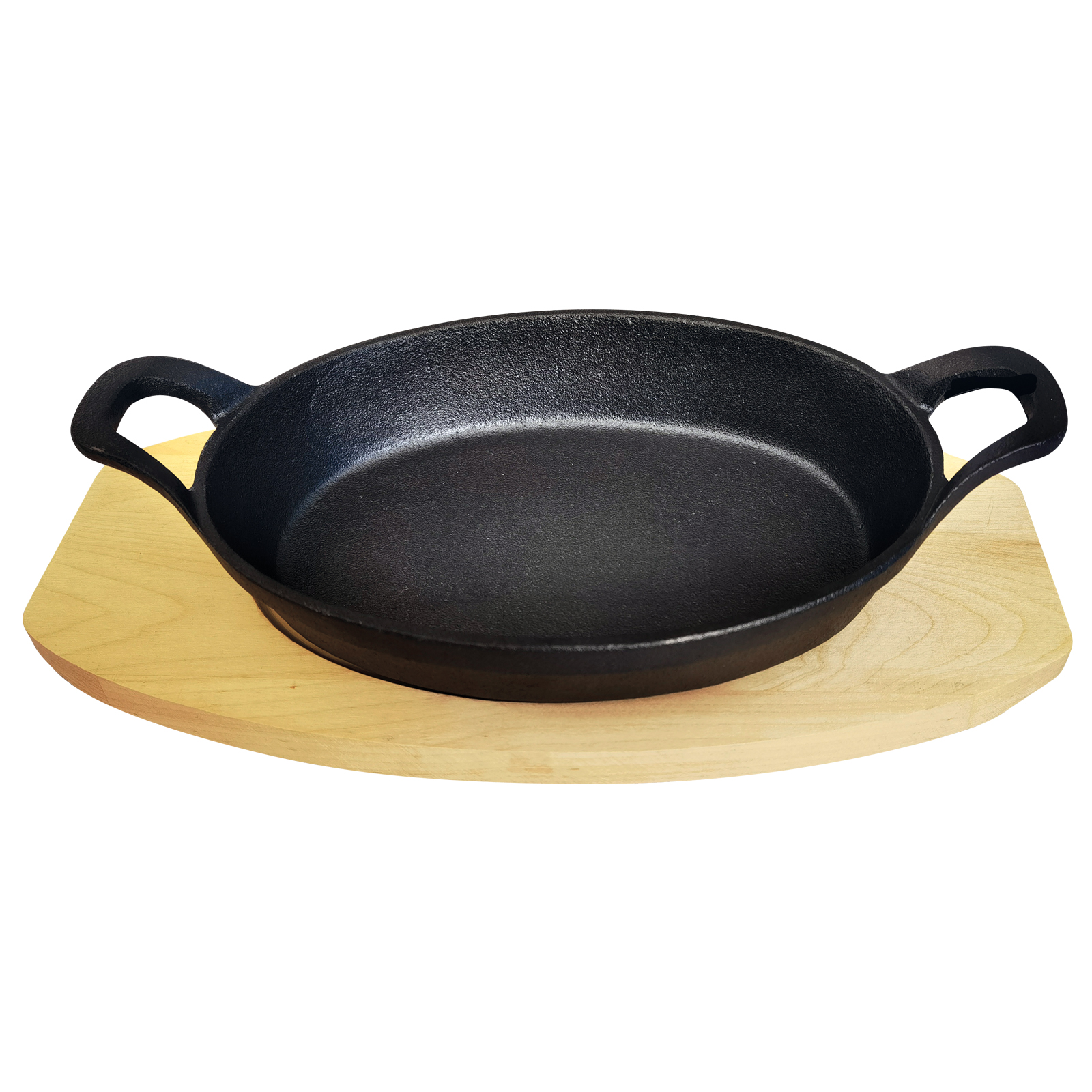 Сковорода порц. овальная 20,5*14,5 см. h=3,5 см. 0,75 л. чугун. с 2 ручками на дерев. подставке /1/