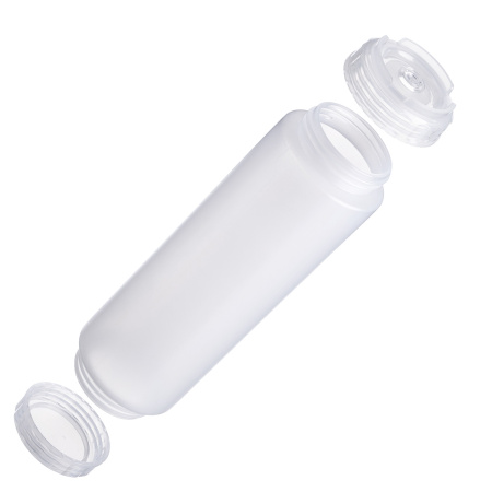 Емкость для соуса 1000 мл. d=75 мм. h=257 мм. c 2 крышками, с силик. носик. широкая прозрачная, крышки прозрачные GP /1/96/