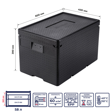 Термоконтейнер  58 л. 600*400*390 мм. для гастроем. h=200 мм. (-40°C до +110°C), плотность 60кг/м3, п/п MGprof /1/2/ АКЦИЯ