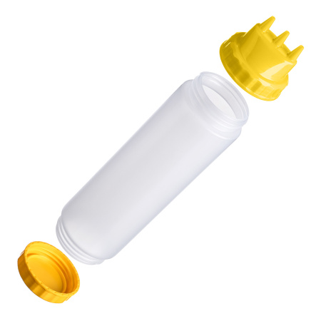 Емкость для соуса  750 мл. d=70 мм. h=270 мм. с 2 крышками 3 носика, широкая прозрачная, крышки желтые GP /1/96/