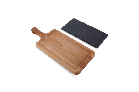 Блюдо для подачи прямоуг. 38*15 см. h=2 см. черное, сланец, на дерев. подставке с ручкой MGprof /1/