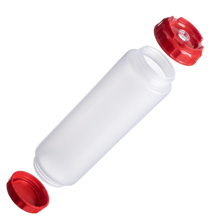 Емкость для соуса 1000 мл. d=75 мм. h=257 мм. c 2 крышками, с силик. носик. широкая прозрачная, крышки красные GP /1/96/