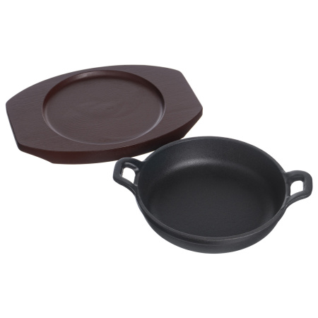 Сковорода порц. d=14 см. h=4,5 см. 0,35 л. чугун. с 2 ручками на дерев. подставке /1/