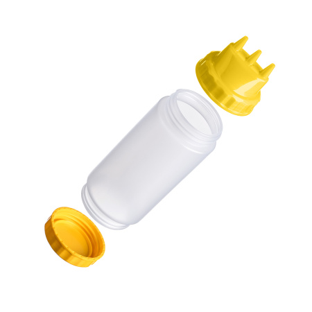 Емкость для соуса  500 мл. d=70 мм. h=200 мм. с 2 крышками 3 носика, широкая прозрачная, крышки желтые GP /1/96/