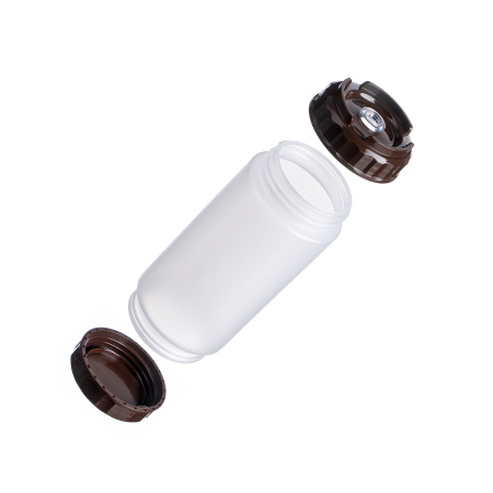 Емкость для соуса  500 мл. d=70 мм. h=166 мм. с 2 крышками, с силик. носик. широкая прозрачная, крышки коричневые GP /1/96/