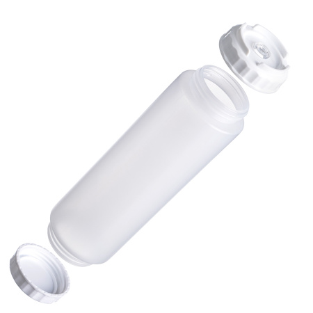 Емкость для соуса 1000 мл. d=75 мм. h=257 мм. c 2 крышками, с силик. носик. широкая прозрачная, крышки белые GP /1/96/