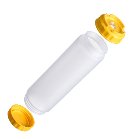 Емкость для соуса  750 мл. d=70 мм. h=237 мм. с 2 крышками, с силик. носик. широкая прозрачная, крышки желтые GP /1/96/